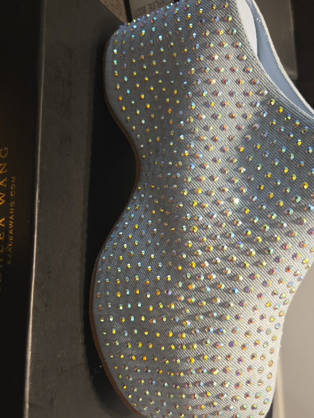 Iridescent Light Blue Denim Slip-On Flats with Sparkle Studs